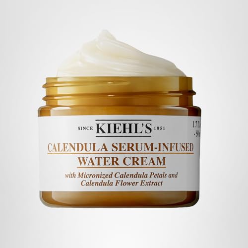 Kiehl's Calendula Serum-Infused Water Cream packaging highlights travel-friendly 1.7 oz size