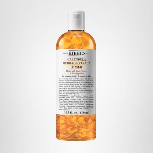 Kiehl's Calendula Toner applied on skin for calm, balanced texture.