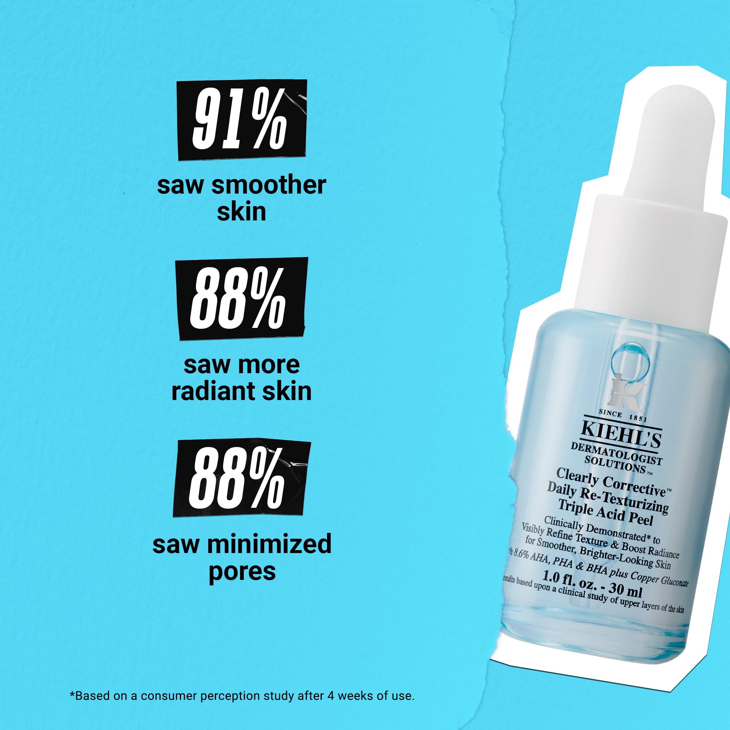 Kiehl's Clearly Corrective ingredients shot highlights glycolic, lactic, and salicylic acids for refined texture