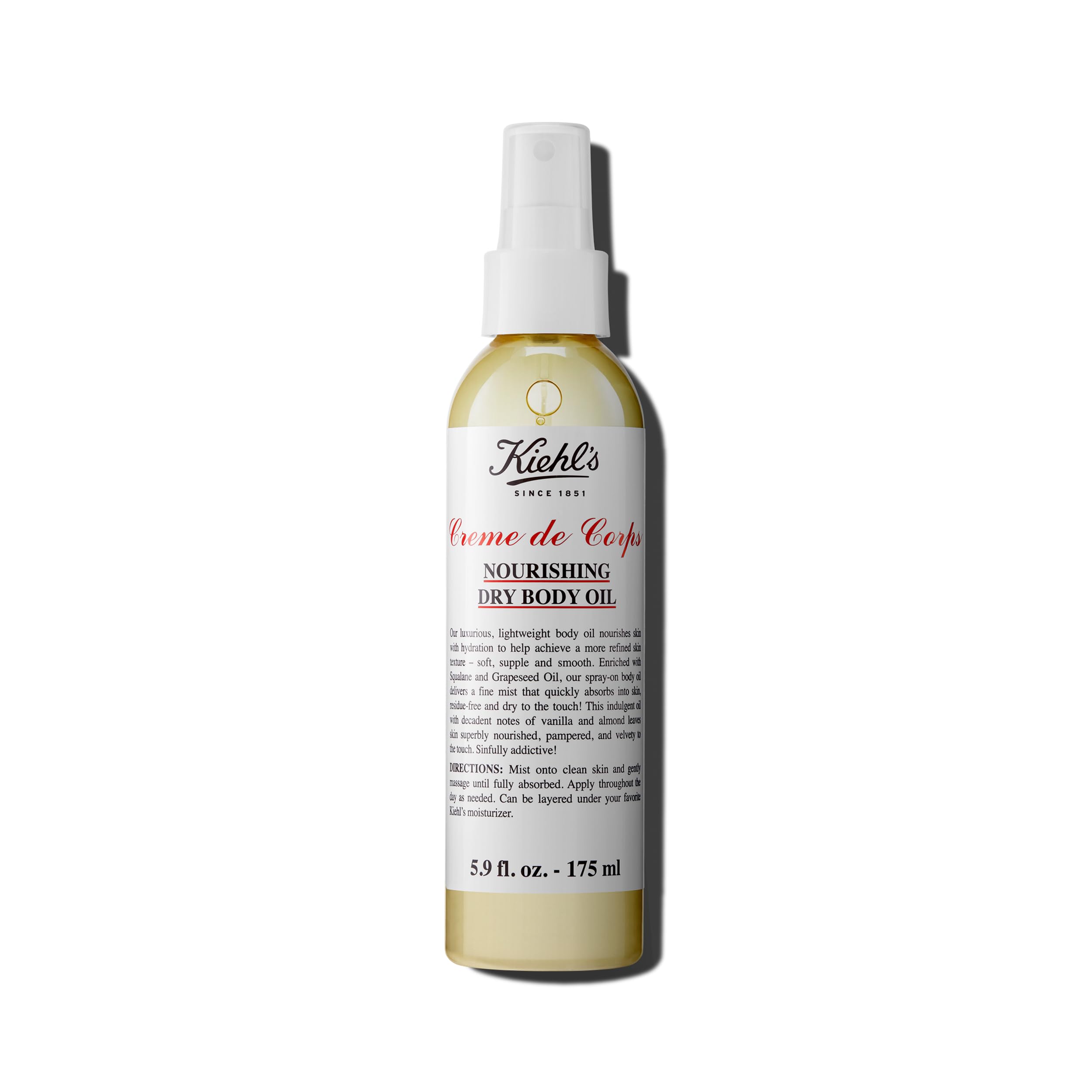 Kiehl's Creme de Corps dry oil spray bottle delivers quick hydration for soft, smooth skin.