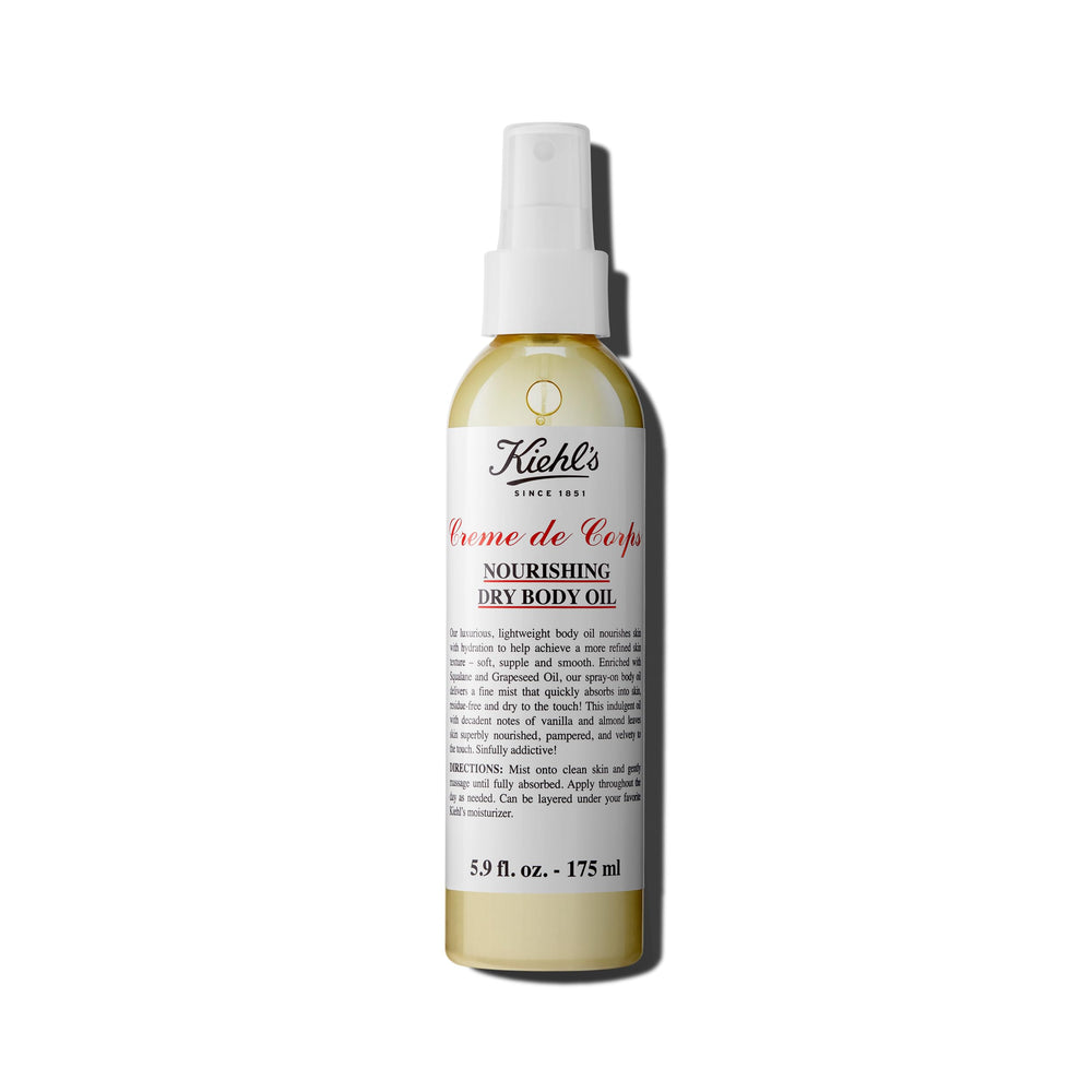 Kiehl's Creme de Corps dry oil spray bottle delivers quick hydration for soft, smooth skin.