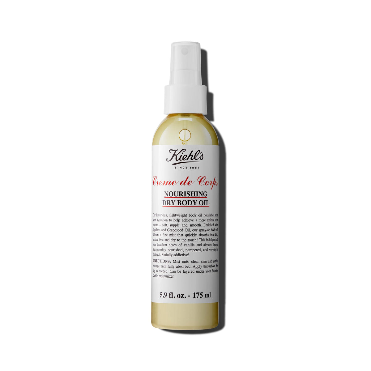 Kiehl's Creme de Corps dry oil spray bottle delivers quick hydration for soft, smooth skin.