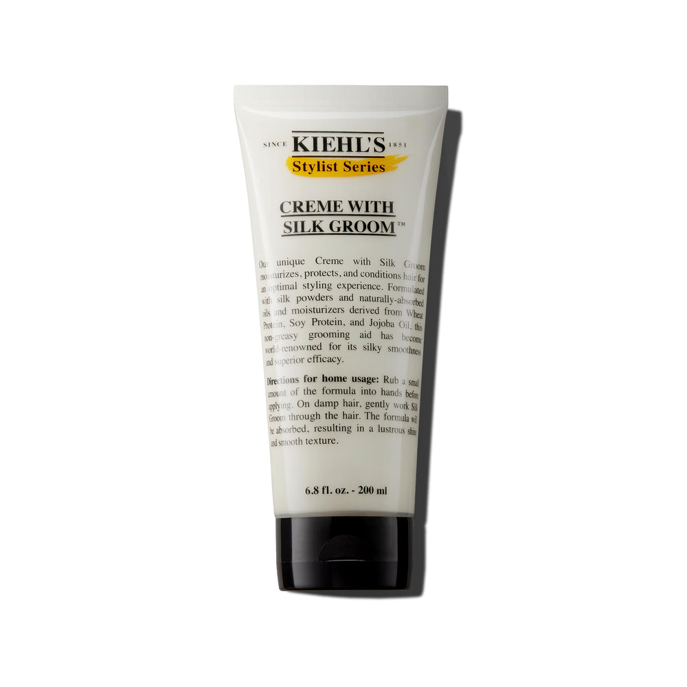 Kiehl's creme with silk groom bottle close-up highlights lustrous shine for all hair types