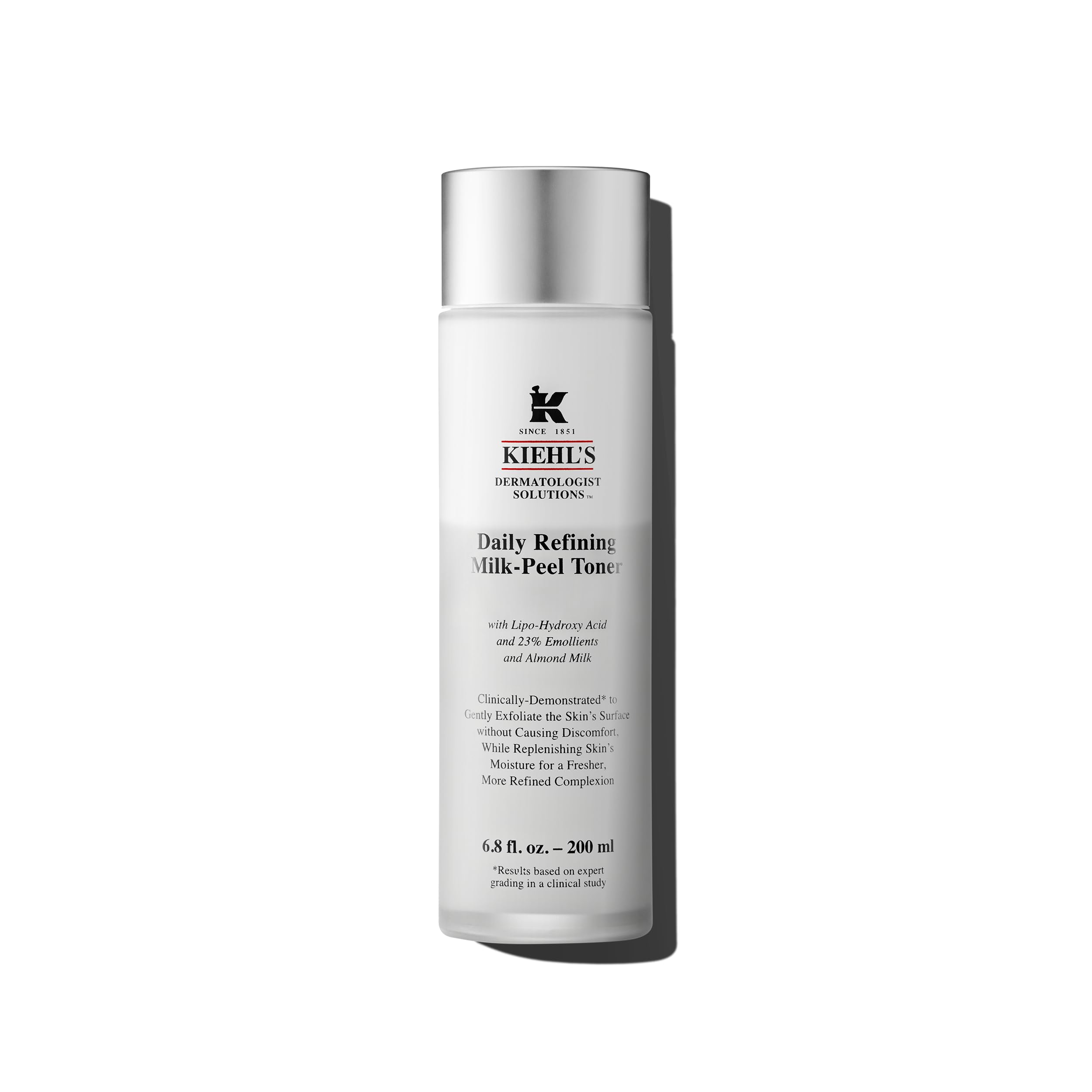 Kiehl's Daily Refining Milk-Peel Toner bottle close-up highlighting gentle exfoliation and hydration.