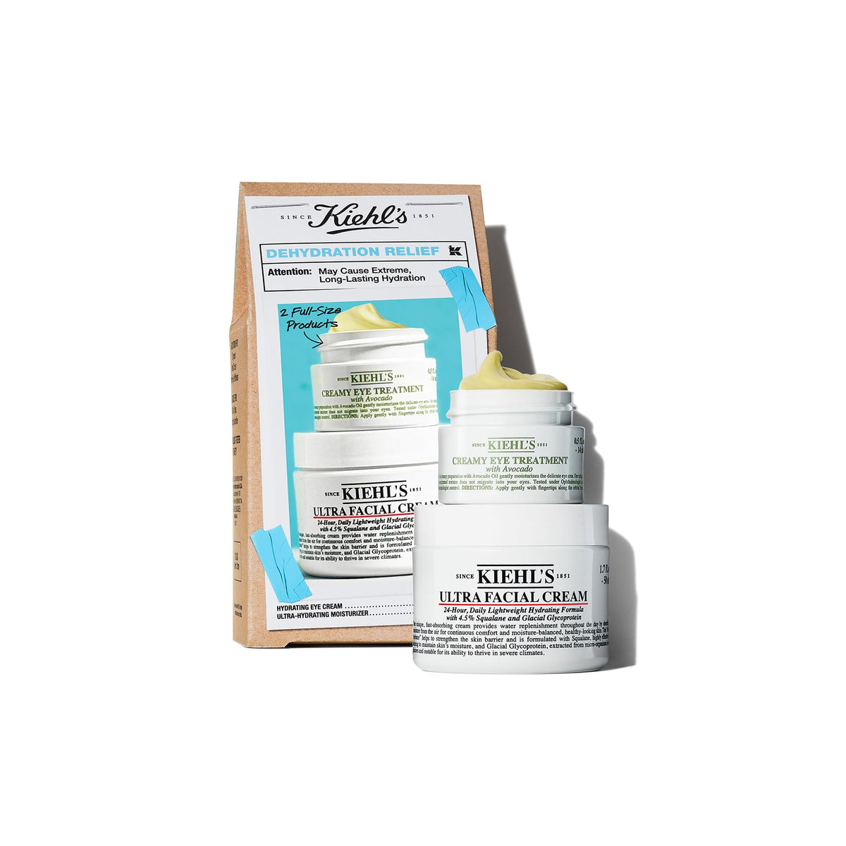 Kiehl's Dry Skin Relief Set box shows hydrating skincare duo for daily routine.