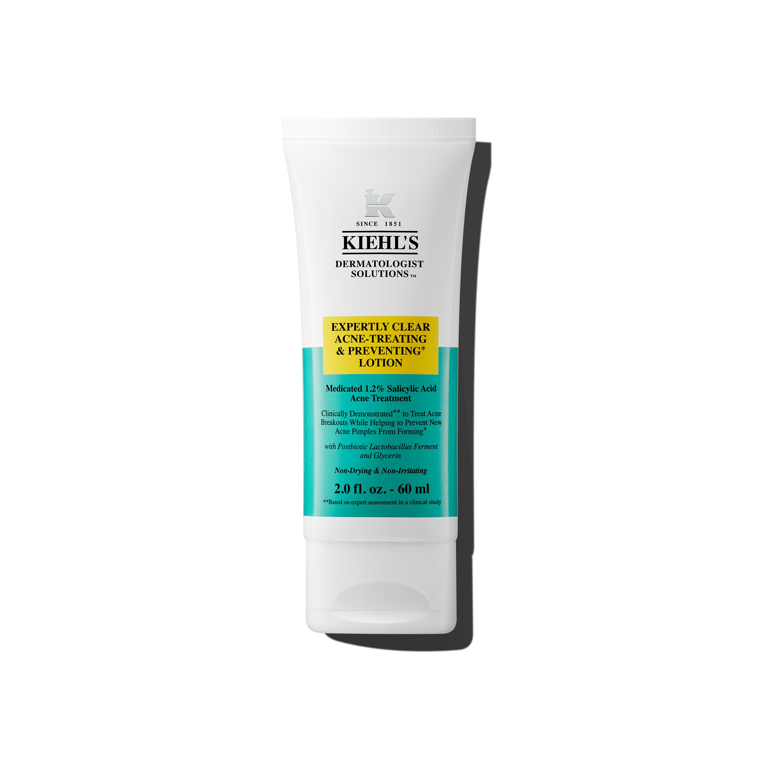 Kiehl's Expertly Clear bottle-front shows a hydrating acne treatment for clearer skin