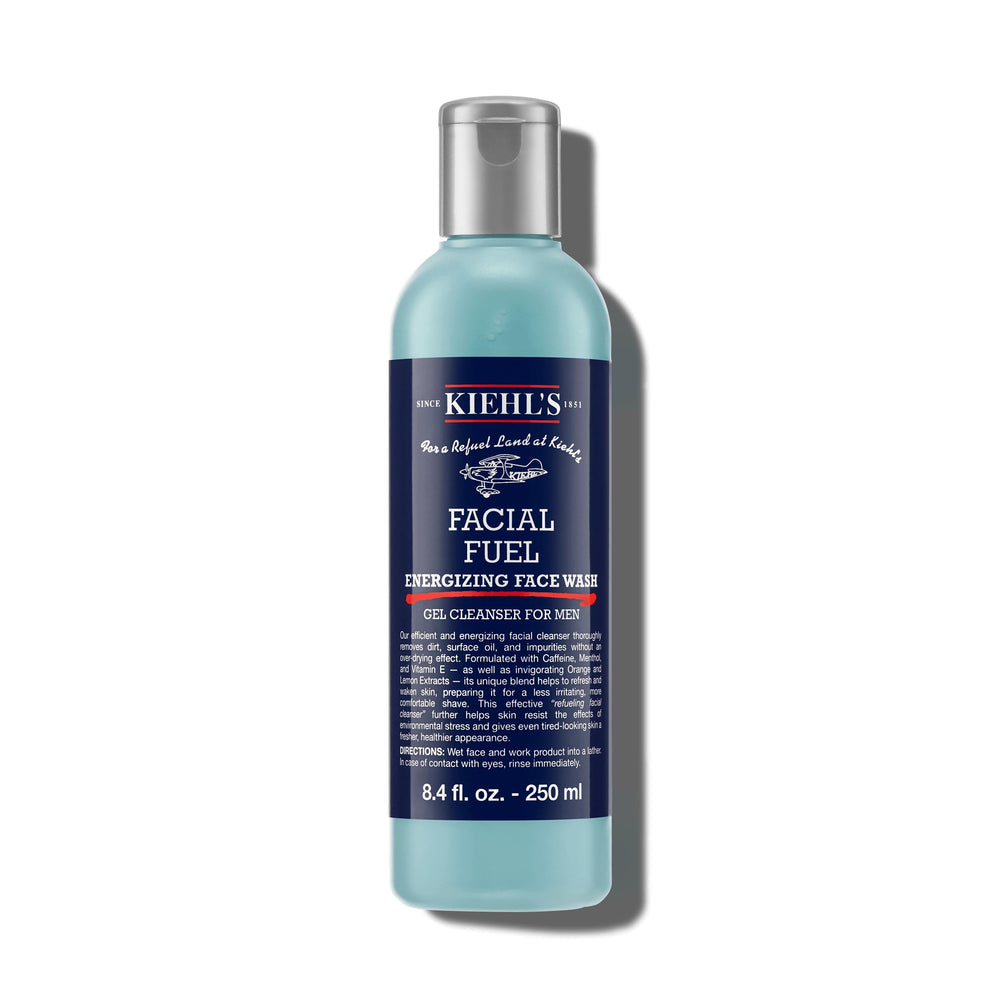 Kiehl's Facial Fuel Face Wash bottle displaying energizing cleanse for refreshed skin