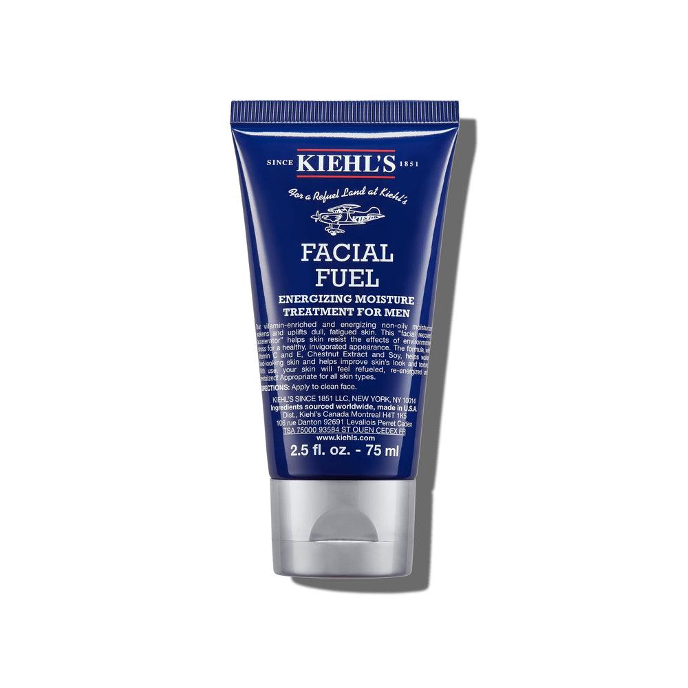 Kiehl's Facial Fuel moisturizer jar close-up highlighting vitamin C brightening.