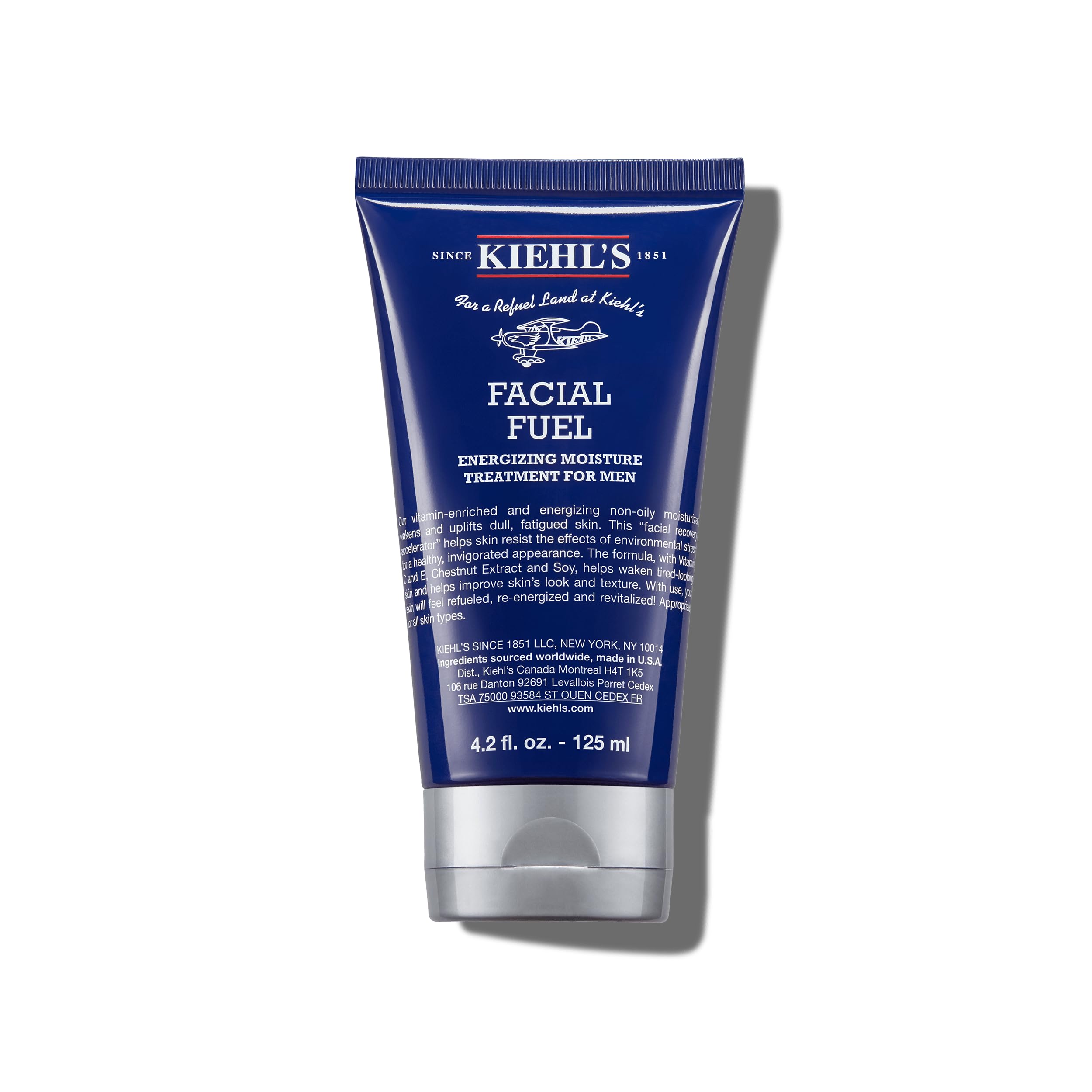 Kiehl's Facial Fuel moisturizer jar front, non-greasy formula for energized skin