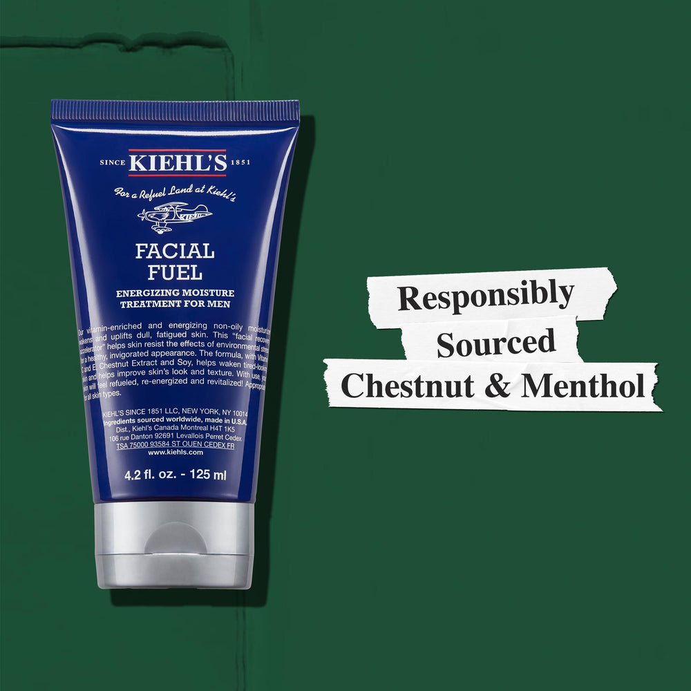 Kiehl's Facial Fuel Moisturizer packaging box and jar indicating a paraben-free formula.