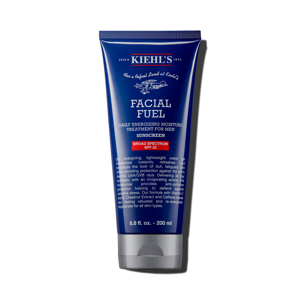 Kiehl's Facial Fuel SPF20 moisturizer bottle, delivering non-greasy hydration for daily wear.