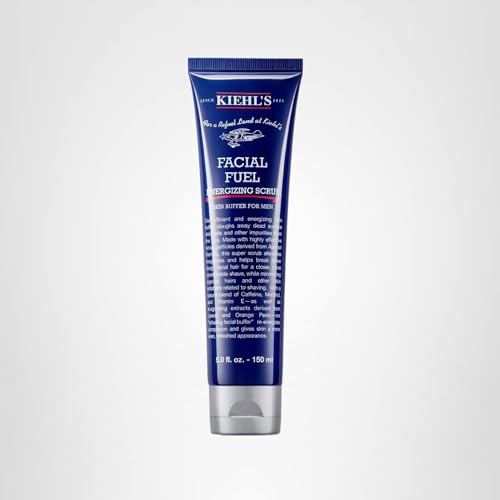 Kiehl's Facial Fuel Scrub packaging on shelf for easy grooming routine.
