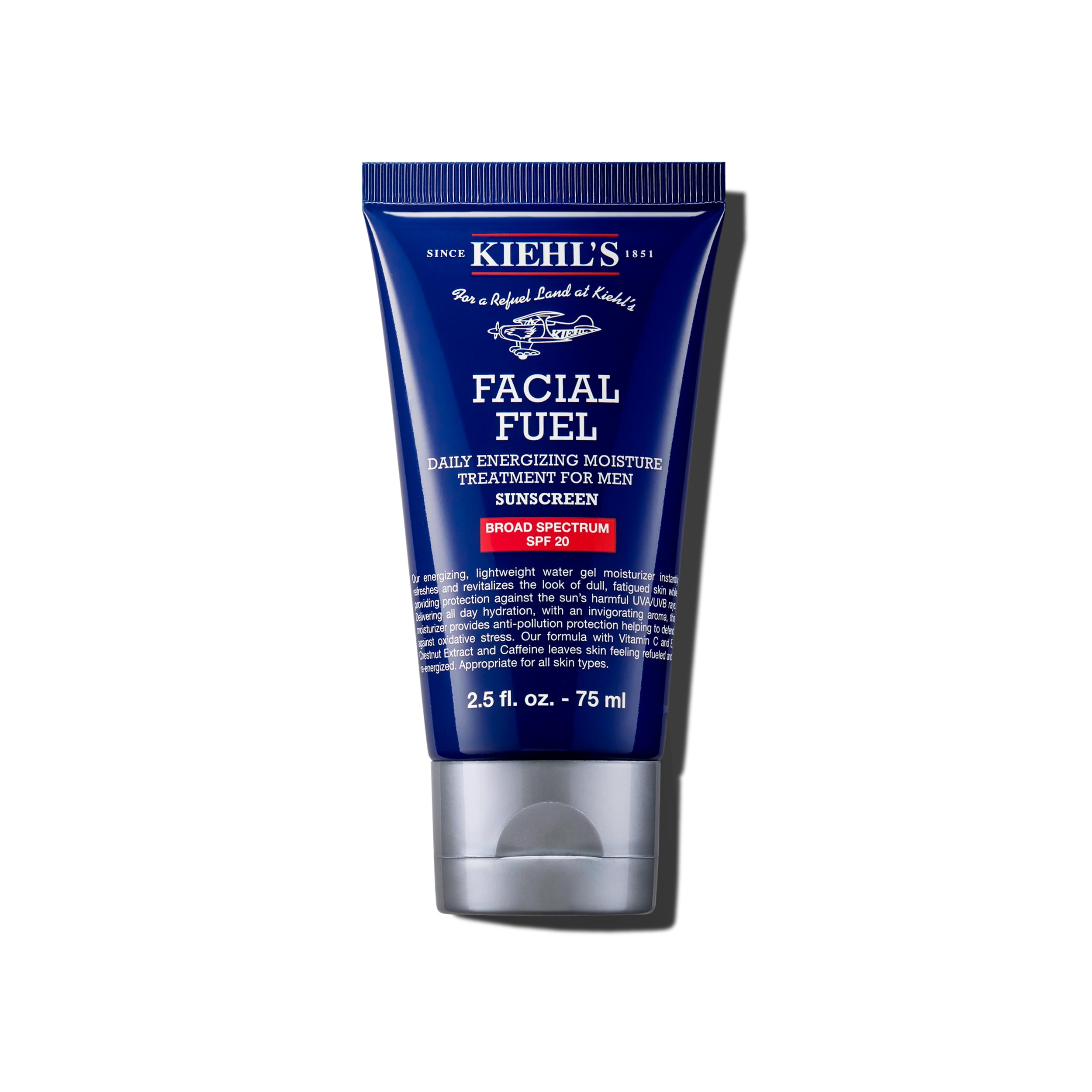 Kiehl's Facial Fuel SPF20 bottle close-up demonstrates energizing hydration for fatigued skin.