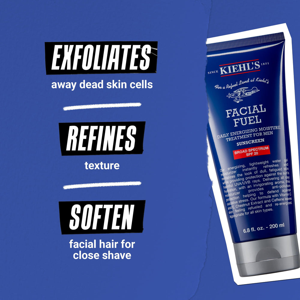 Kiehl's Facial Fuel vitamin Cg derivative suggests radiance and smoother texture potential.