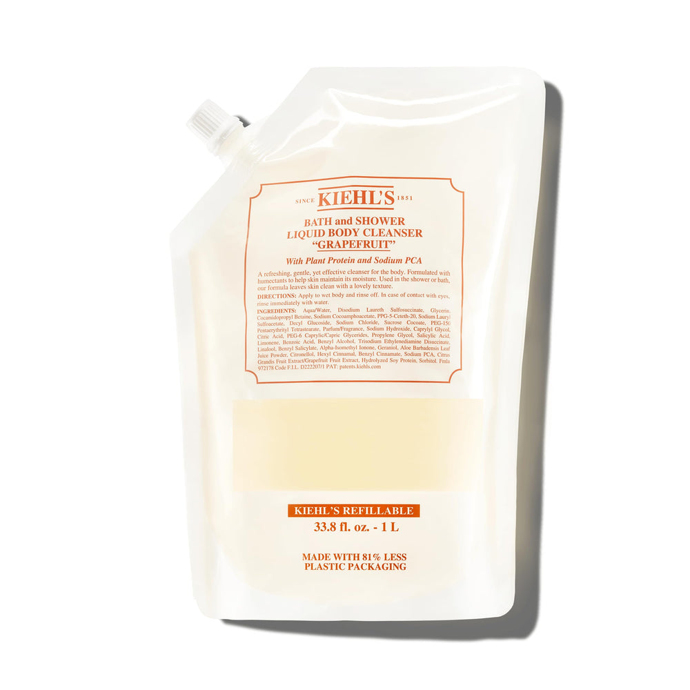 Kiehl's Grapefruit Liquid Body Cleanser bottle pour for a refreshing shower experience