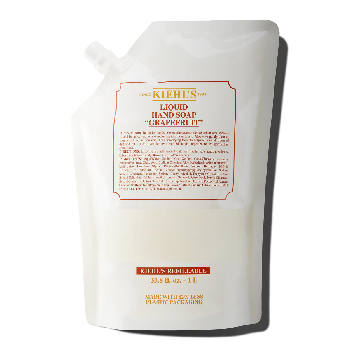 Kiehl's Grapefruit liquid hand soap bottle shows refreshing cleansing with hydrating benefits.
