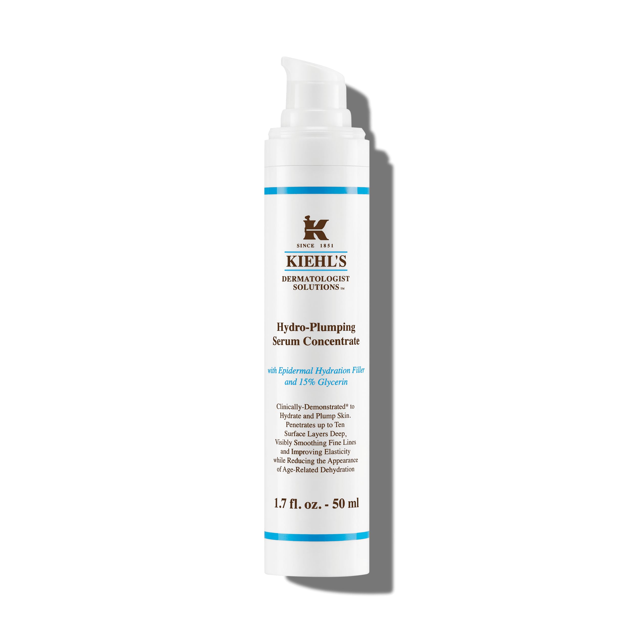 Kiehl's Hydro-Plumping Serum bottle closeup showcasing lasting hydration.