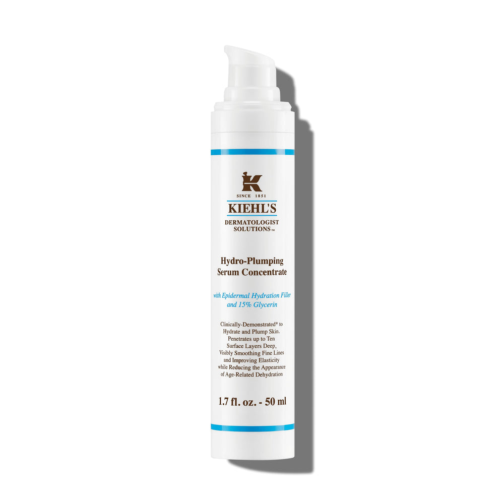 Kiehl's Hydro-Plumping Serum bottle closeup showcasing lasting hydration.