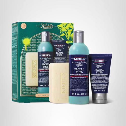 Kiehl's Men's Skincare Set label close-up, highlighting included products and benefits.