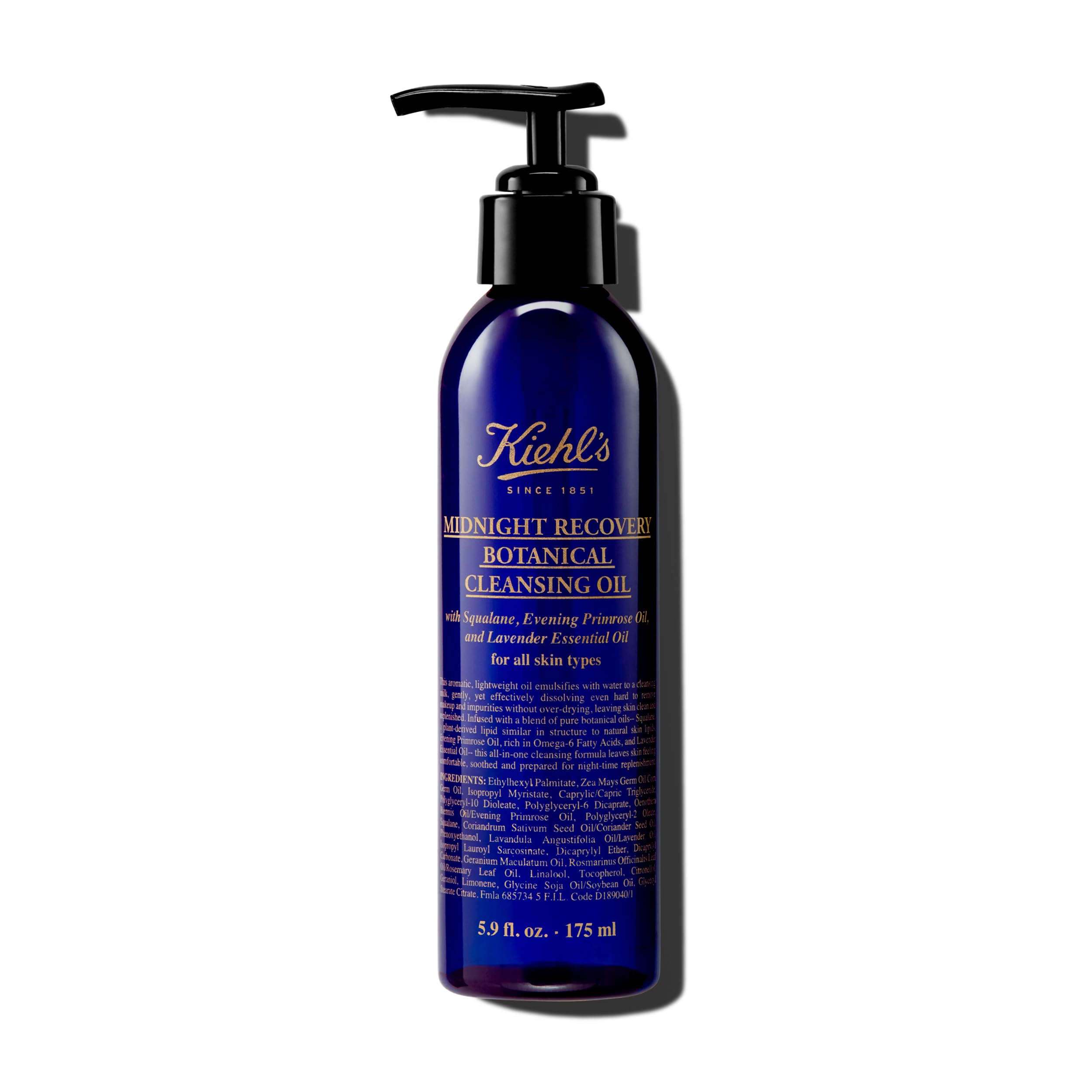 Kiehl's Midnight Recovery cleansing oil bottle with lavender aroma for calming ritual.
