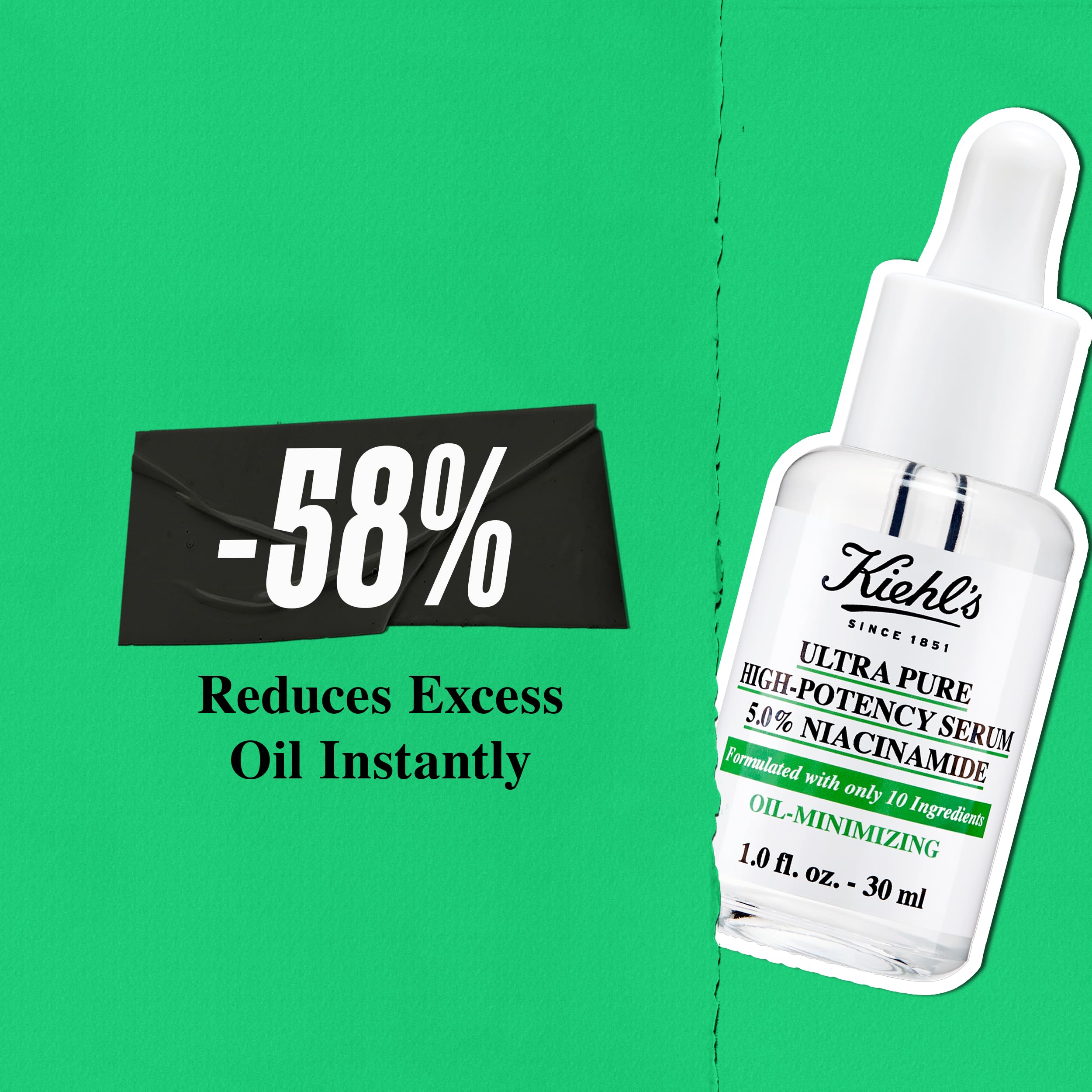 Kiehl's Niacinamide serum absorbed into skin after application, smoother, balanced surface oil.