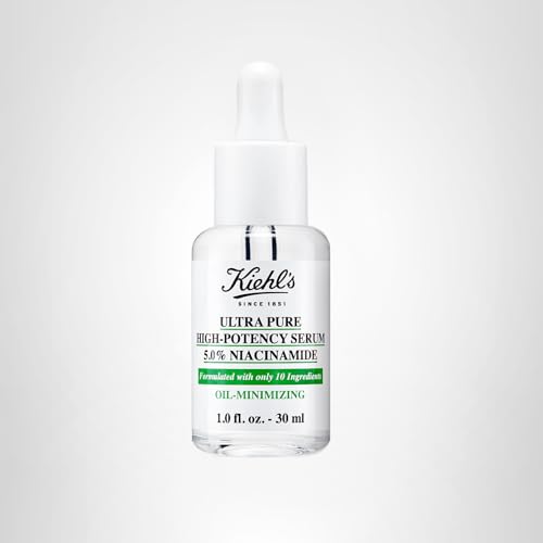 Kiehl's Niacinamide serum glass bottle with soft lighting emphasizing gentle daily brightening.
