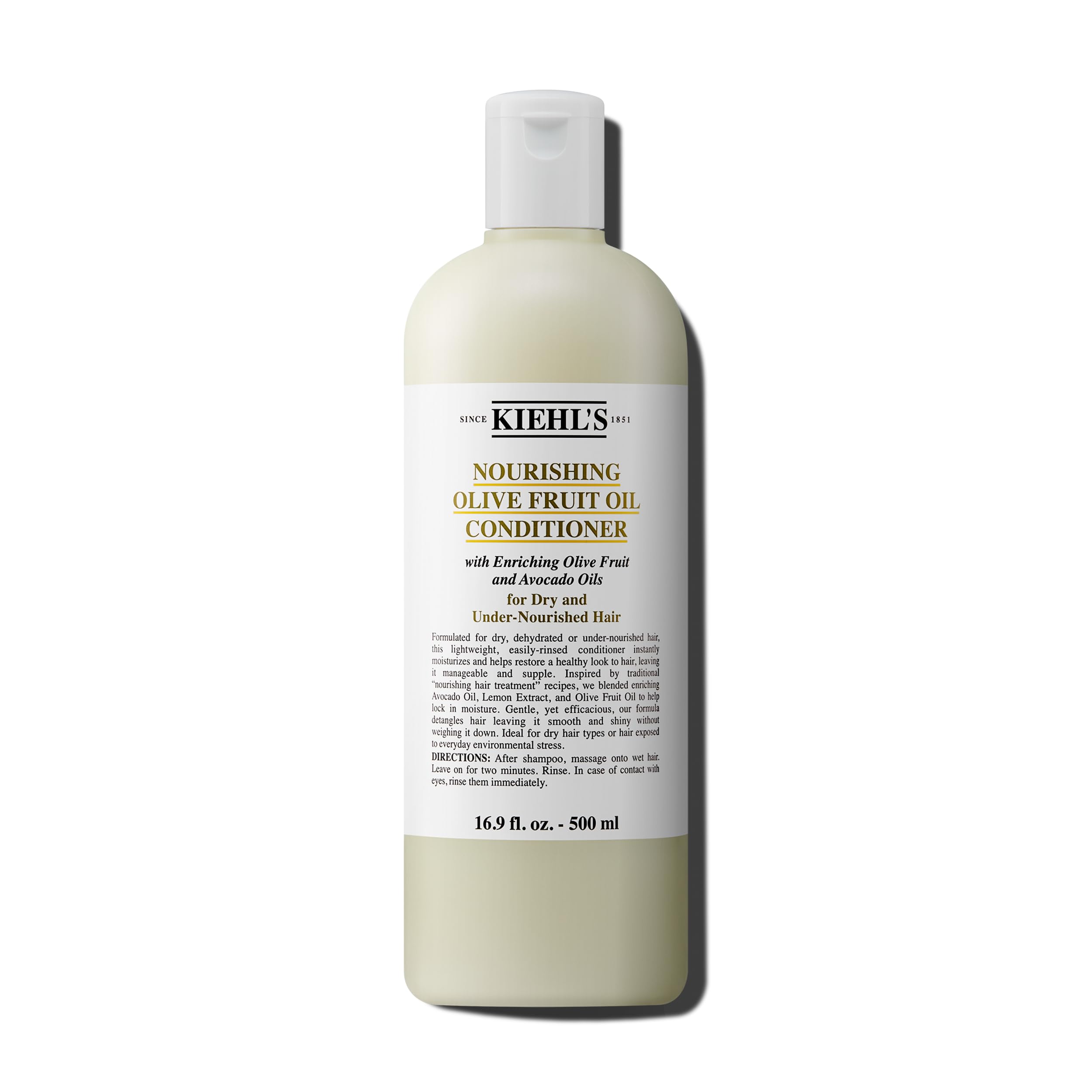 Kiehl's Nourishing Olive Fruit Oil Conditioner bottle showing lightweight hydration for dry hair.
