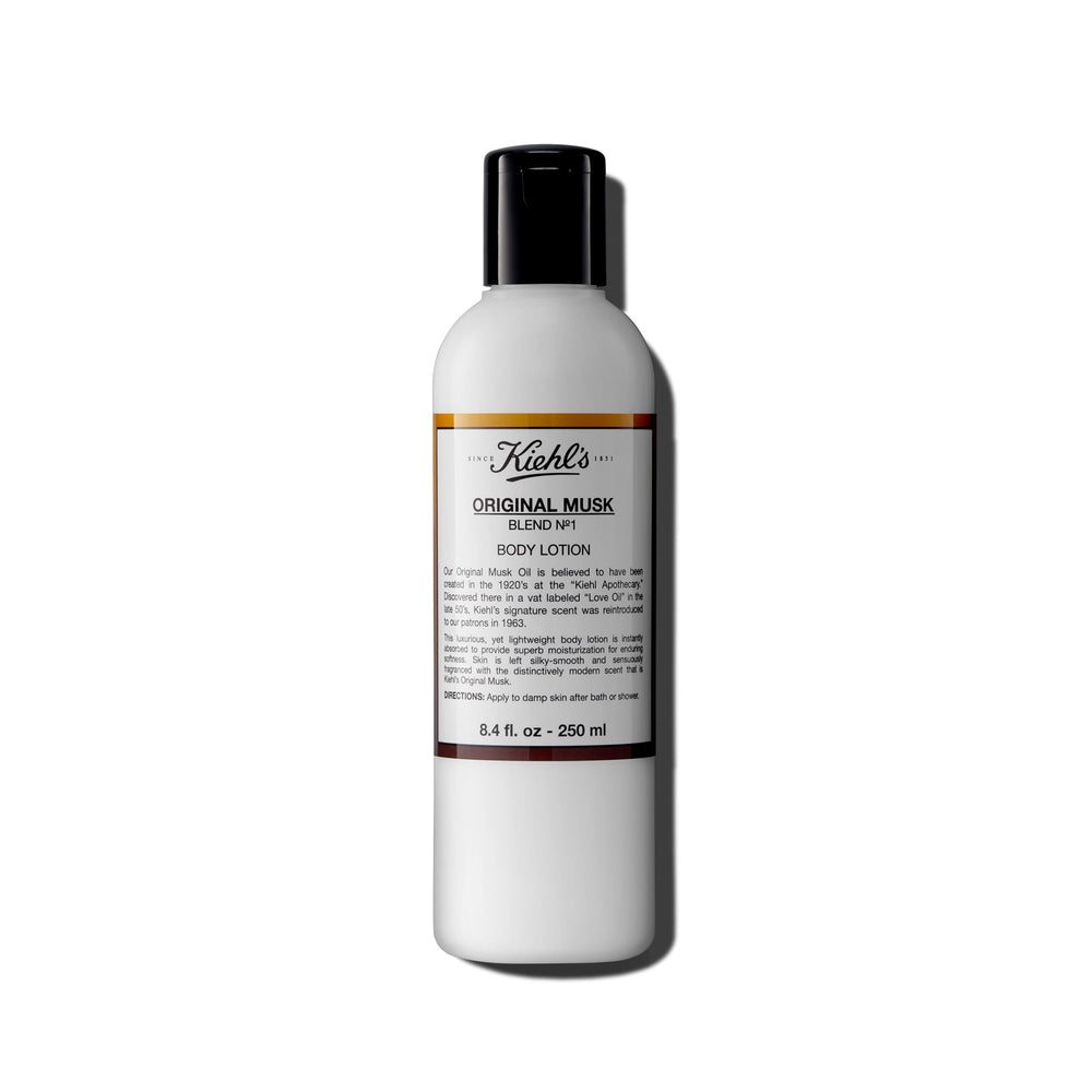 Kiehl's Original Musk lotion bottle highlights lightweight daily hydration.