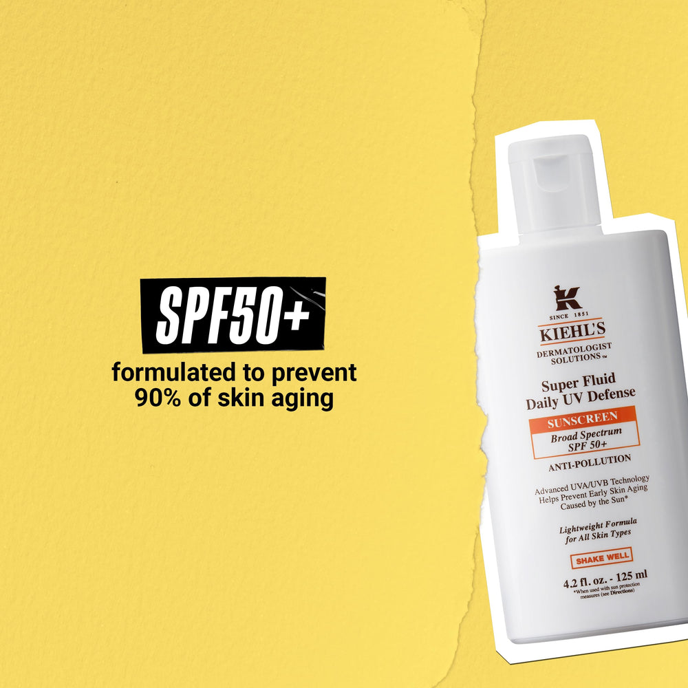 Kiehl's Super Fluid UV Defense with Vitamin E and Baicalin for antioxidant skin protection.