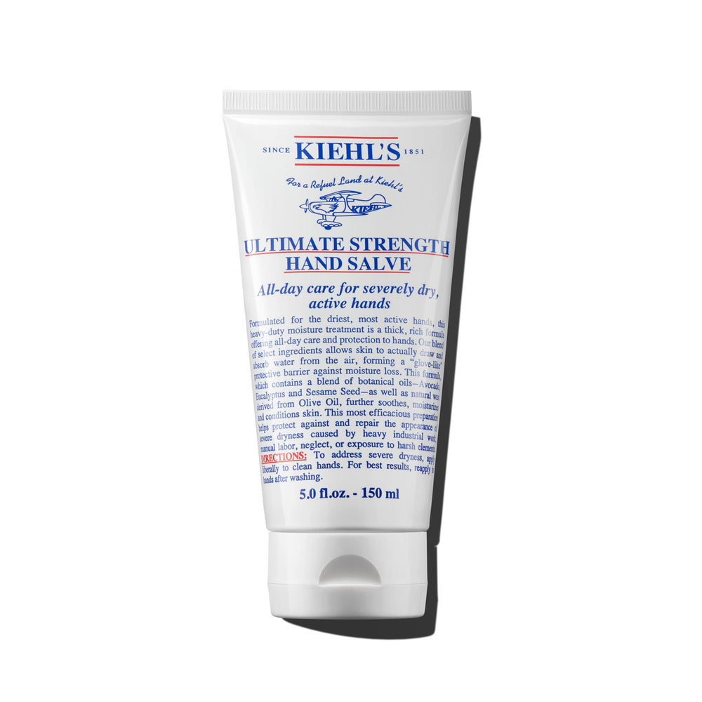 Kiehl's Ultimate Strength Hand Salve bottle offers rich hydration for dry hands after work
