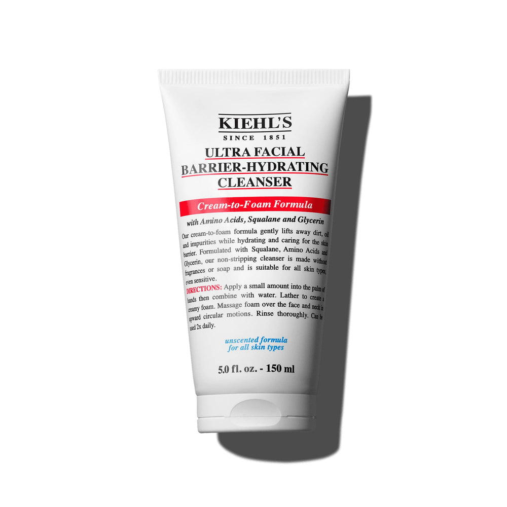Kiehl's Ultra Facial Barrier-Hydrating Cleanser bottle shows gentle daily cleansing for sensitive skin.