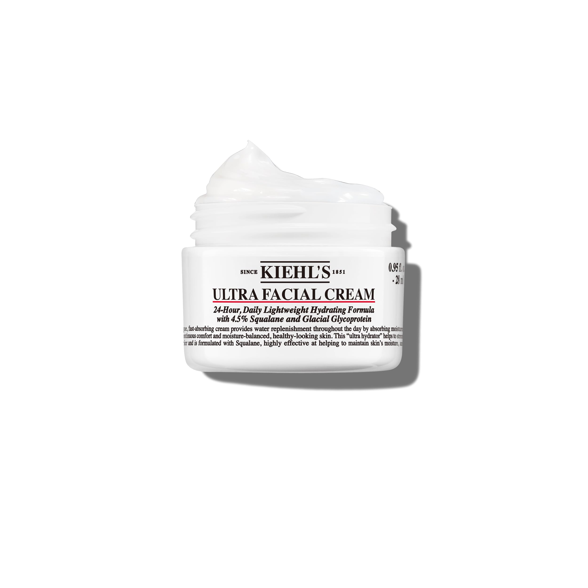 Kiehl's Ultra Facial Cream jar closeup showing creamy texture and hydration.