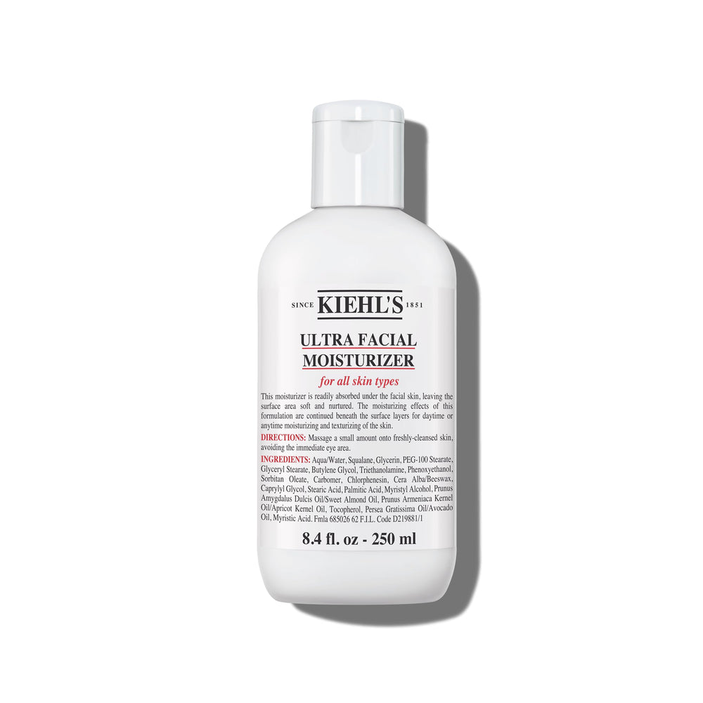 Kiehl's Ultra Facial Moisturizer bottle, fragrance-free hydration for daily use.