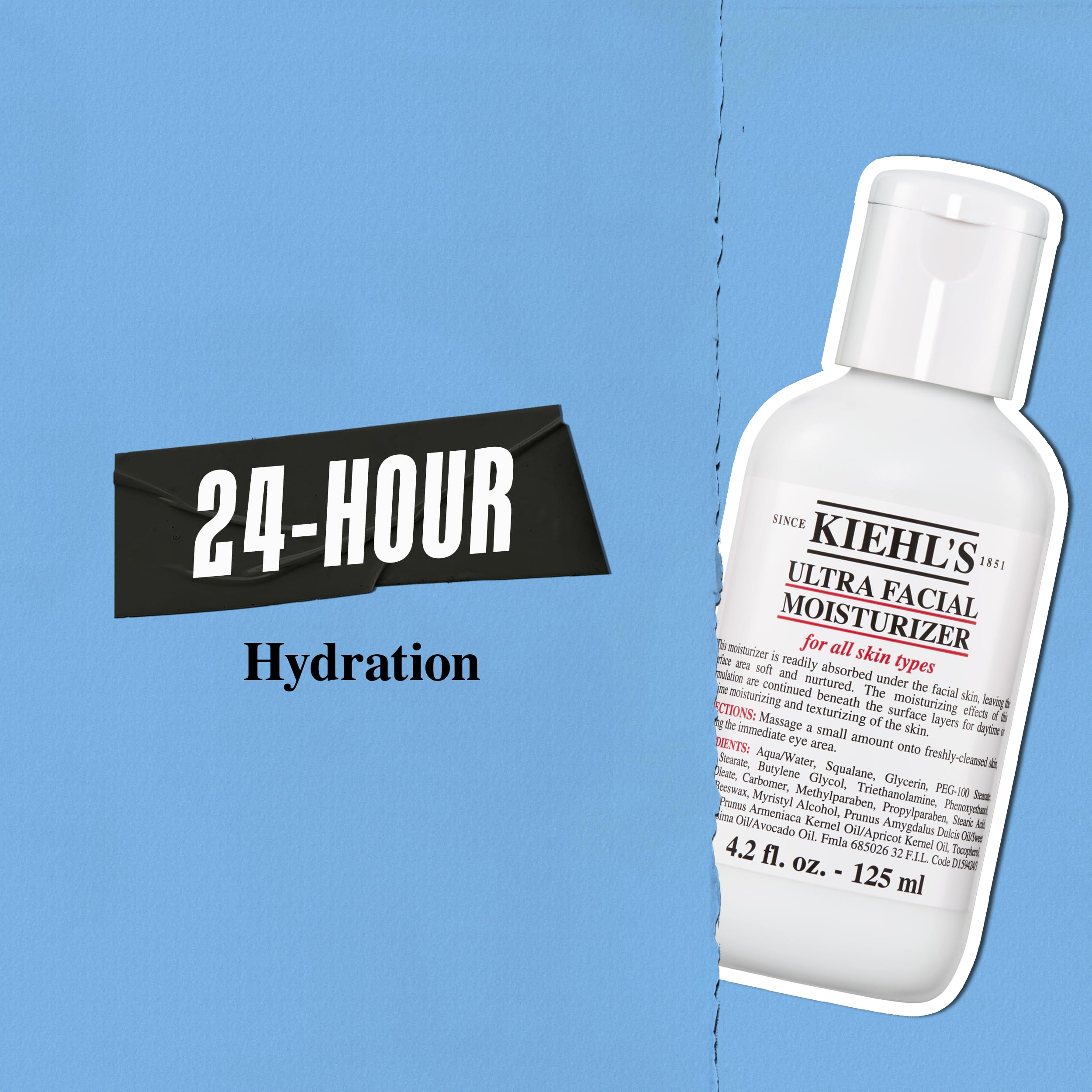 Kiehl's Ultra Facial Moisturizer applied to hand demonstrates pea size usage.