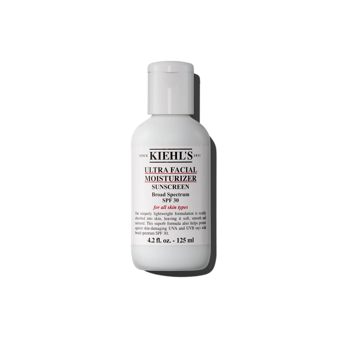 Kiehl's Ultra Facial Moisturizer SPF 30 bottle demonstrates broad protection for daily skin care.