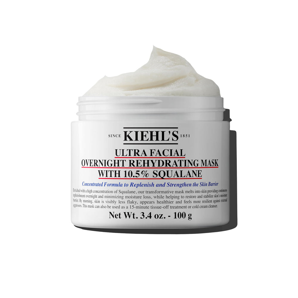 Kiehl's Ultra Facial Overnight Mask jar closeup showing creamy texture for deep hydration.