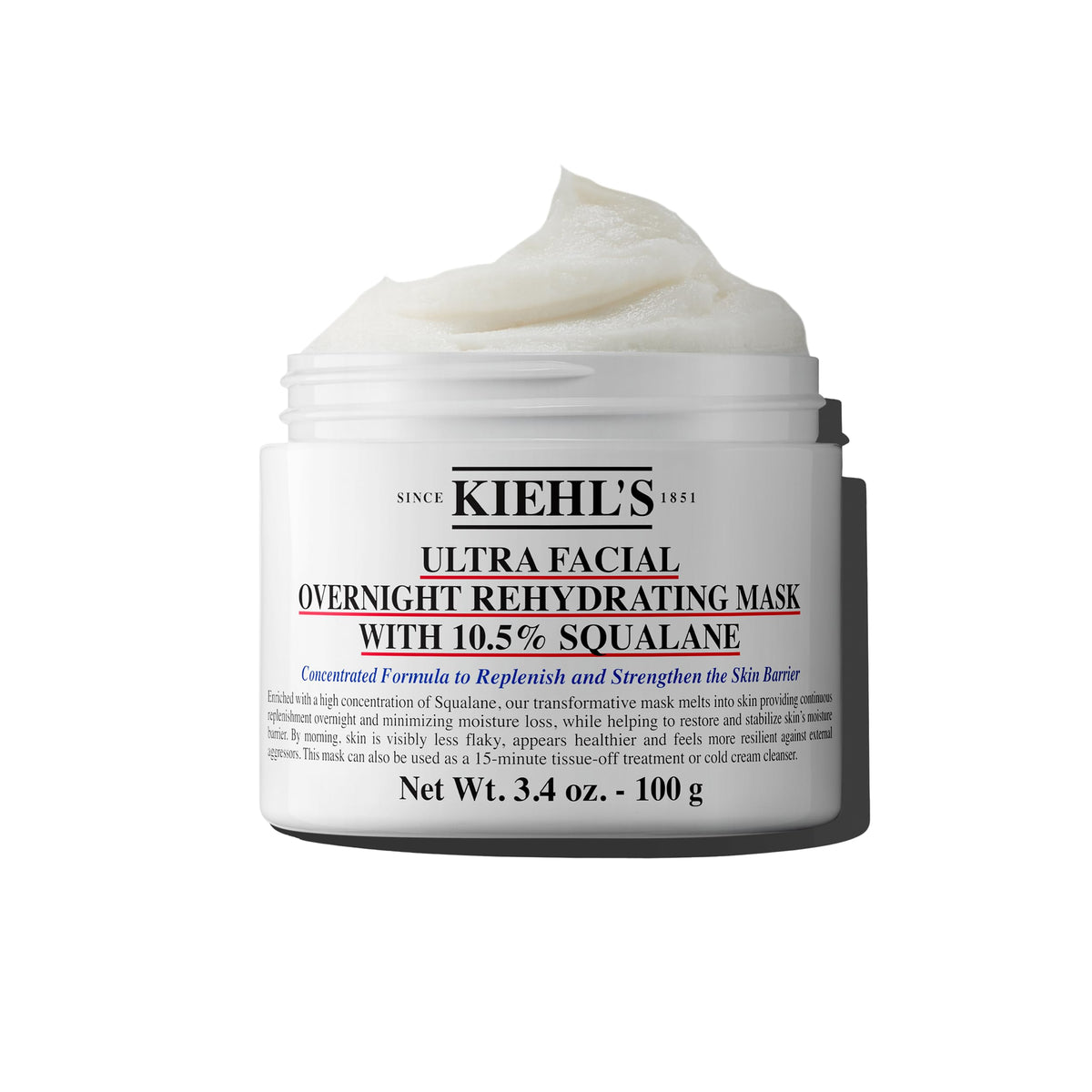 Kiehl's Ultra Facial Overnight Mask jar closeup showing creamy texture for deep hydration.
