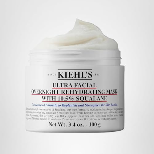 Kiehl's Ultra Facial Overnight Mask packaging highlights fragrance-free formula for sensitive skin.