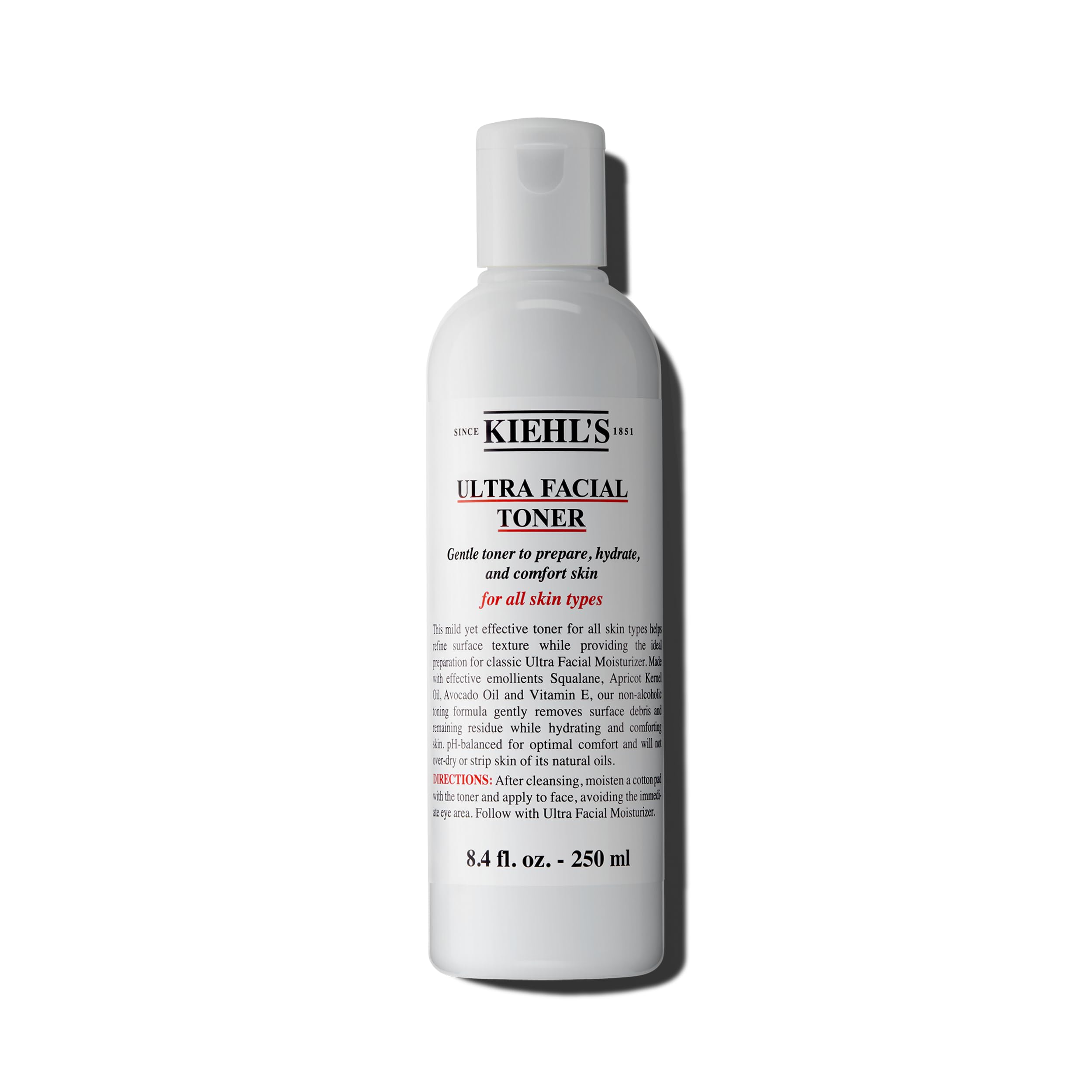 Kiehl's Ultra Facial Toner bottle close-up shows a hydrating, alcohol-free toner for balanced skin.
