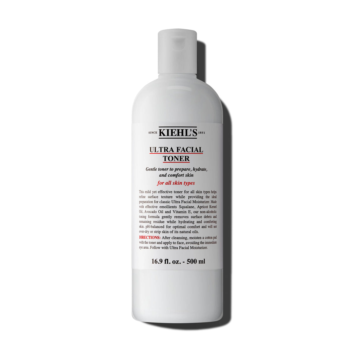 Kiehl's Ultra Facial Toner bottle being poured, promoting hydration and balanced skin