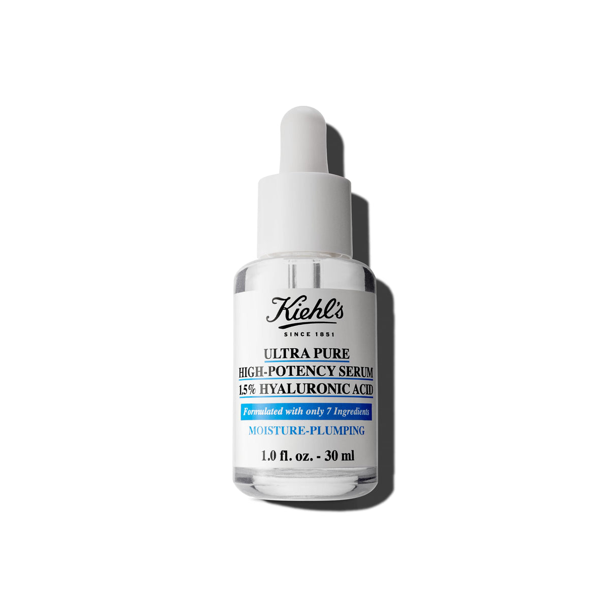 Kiehl's Ultra Pure 1.5% Hyaluronic Acid Serum bottle shows fragrance-free hydration for dry skin.
