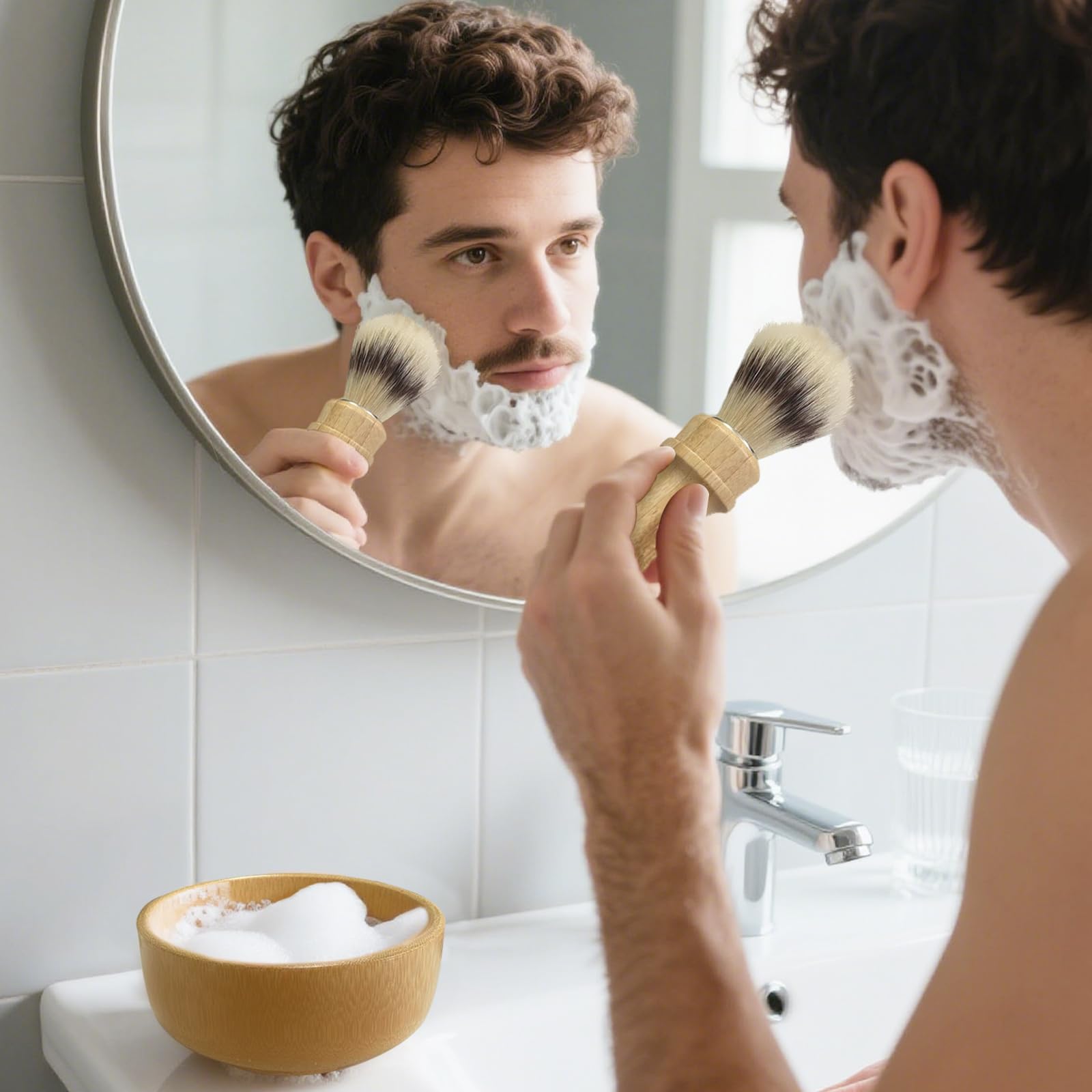 Kikc bamboo shaving stand secures the brush for air drying