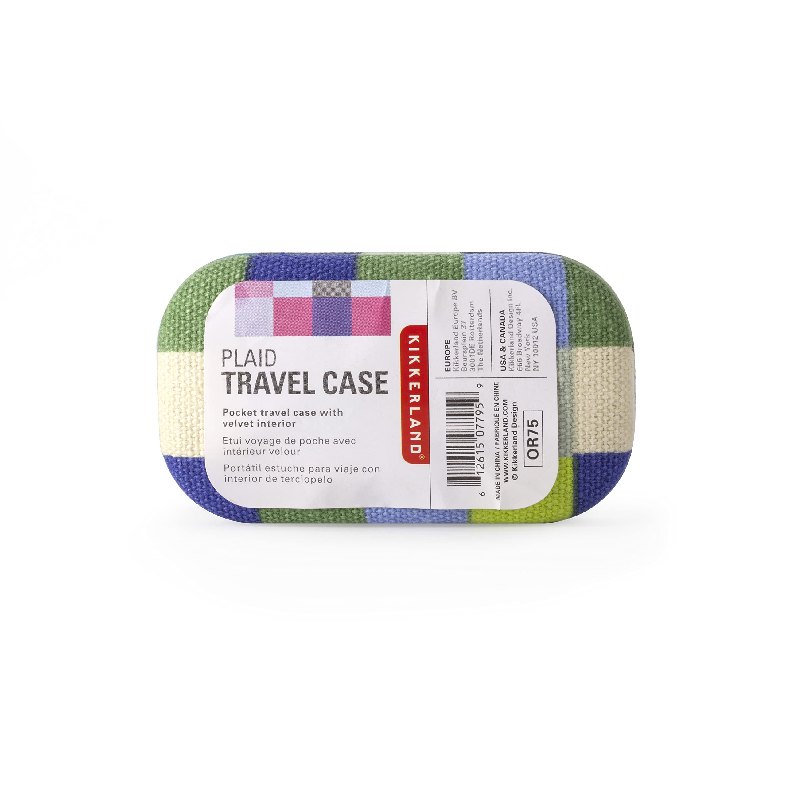 Kikkerland plaid travel case stores tiny cosmetics and medications for quick access.