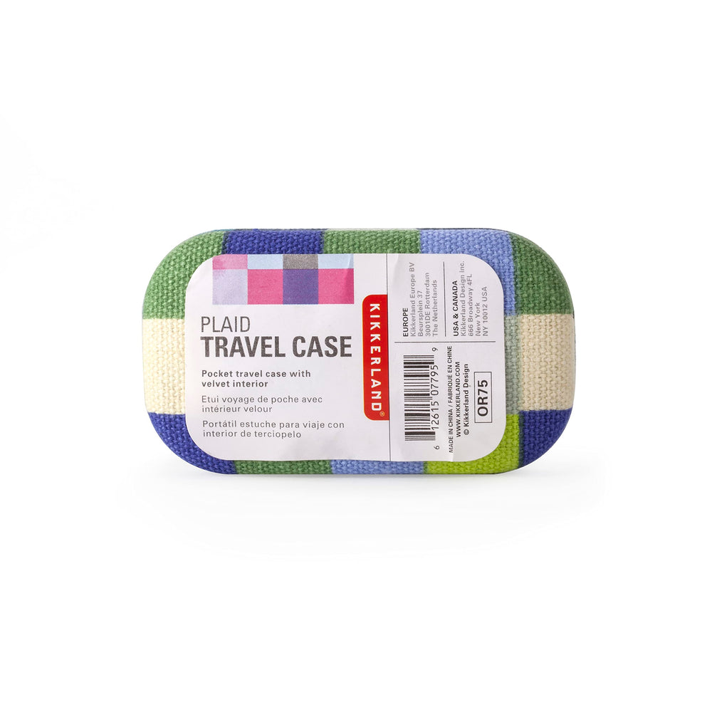 Kikkerland plaid travel case stores tiny cosmetics and medications for quick access.