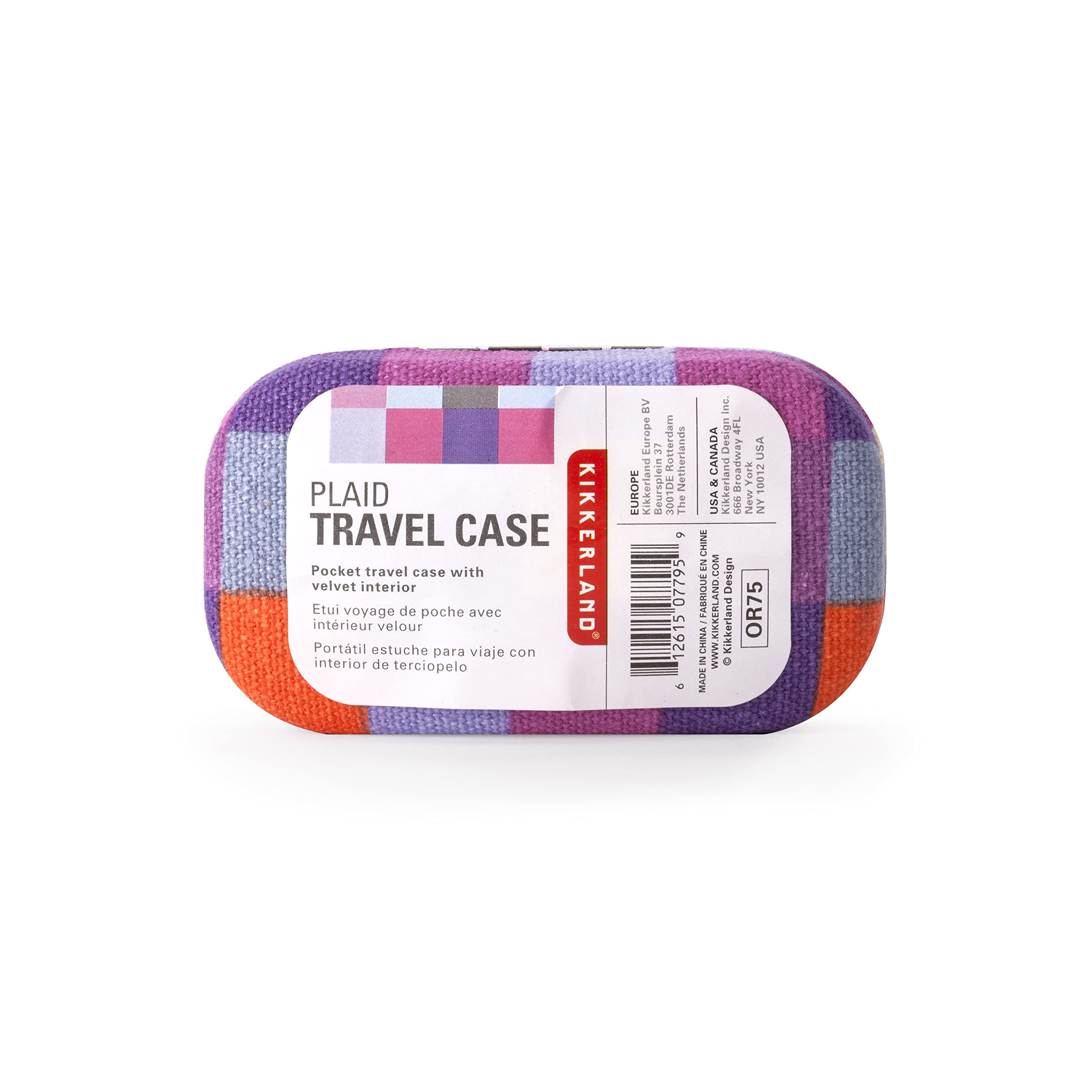 Kikkerland plaid organizer features a snap closure for secure travel.