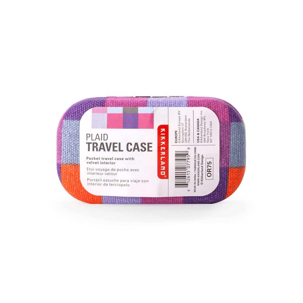 Kikkerland plaid organizer features a snap closure for secure travel.
