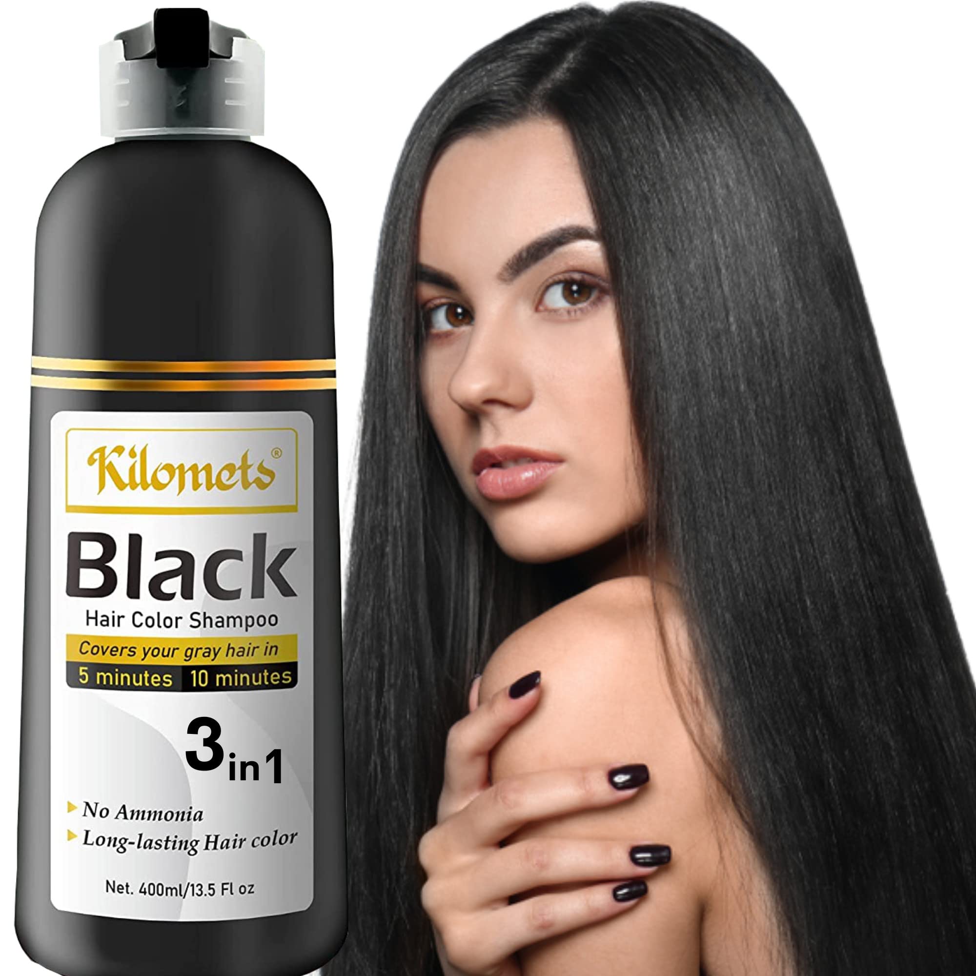 Kilomets BLACK Hair Dye Shampoo bottle highlights a fast at-home gray coverage option.