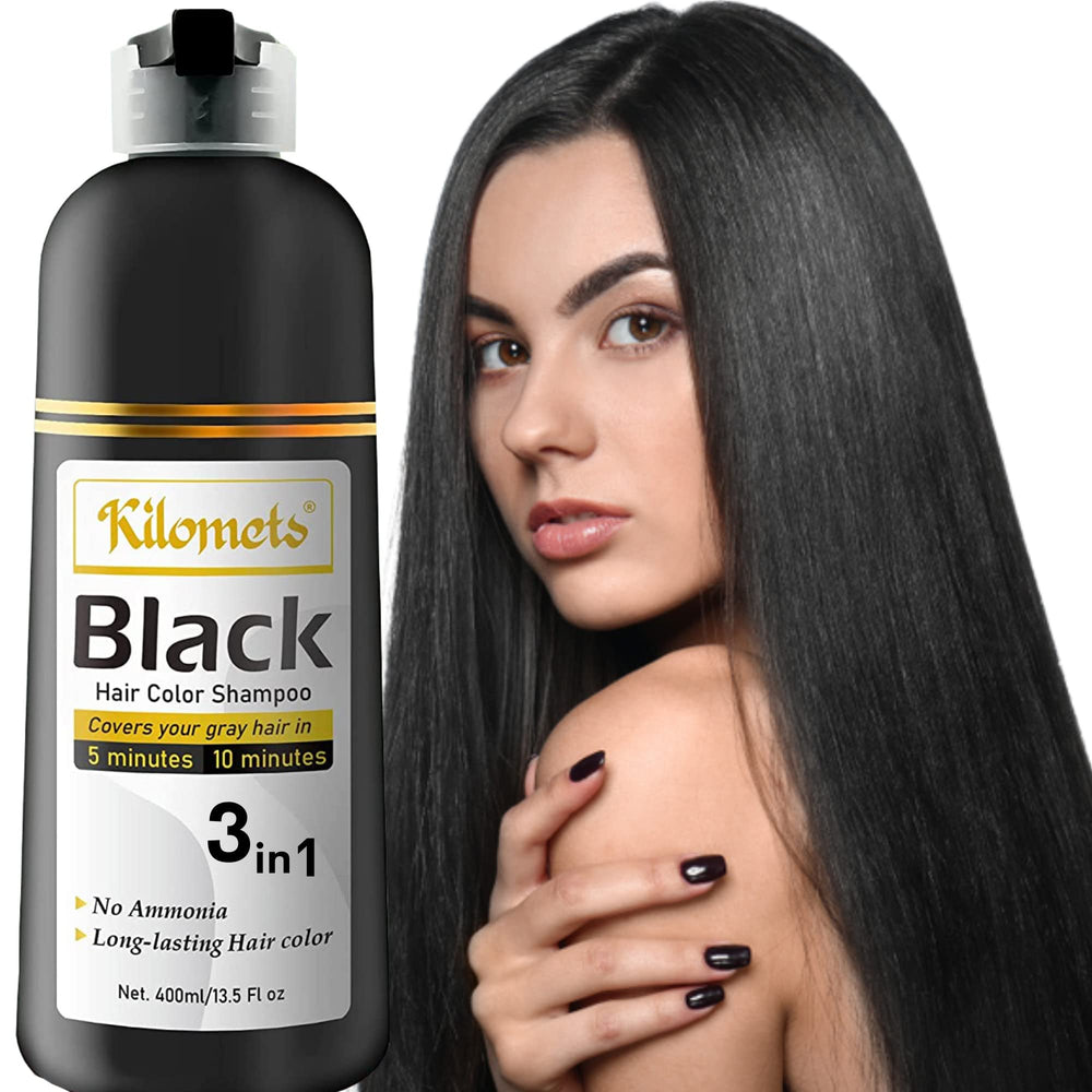 Kilomets BLACK Hair Dye Shampoo bottle highlights a fast at-home gray coverage option.