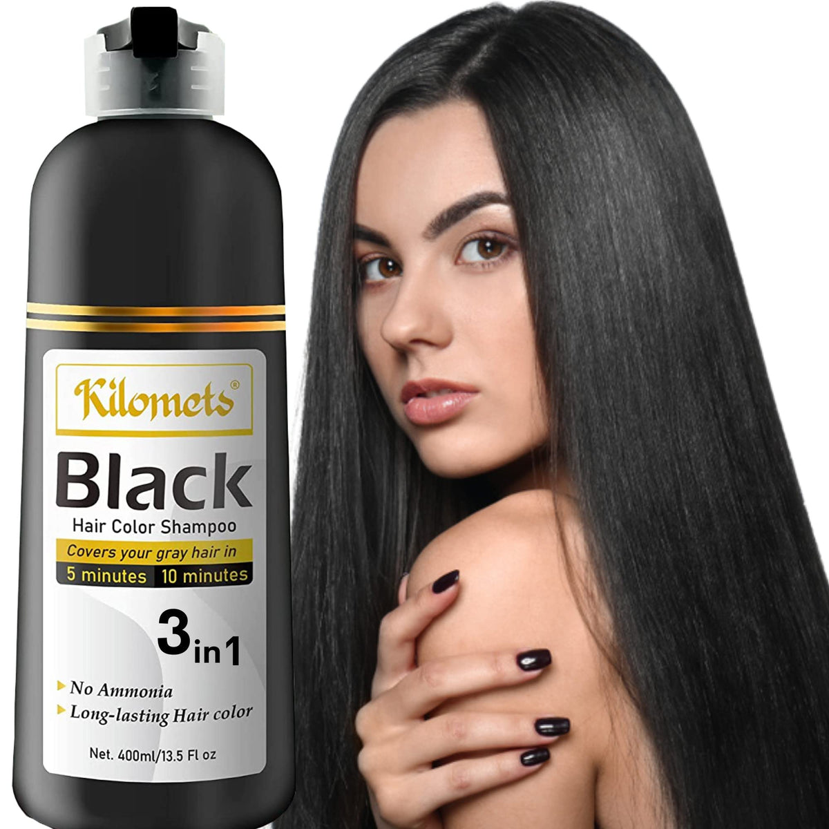 Kilomets BLACK Hair Dye Shampoo bottle highlights a fast at-home gray coverage option.