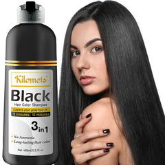 Kilomets BLACK Hair Dye Shampoo bottle highlights a fast at-home gray coverage option.